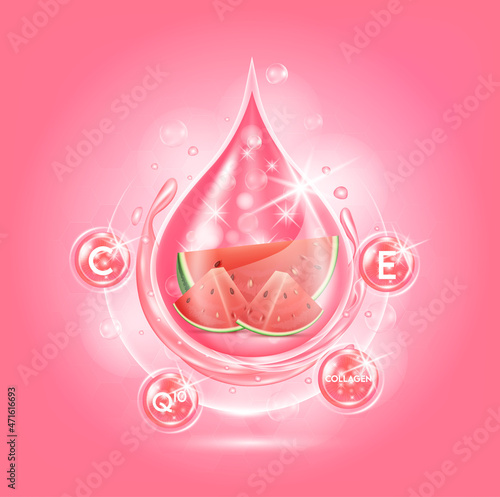 Drop serum watermelon. Vitamin С, E, Q10 and collagen organic anti aging serum fruit acid product. Natural eco skin care cosmetic. Realistic 3d vector EPS10 illustration.