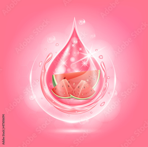 Drop serum watermelon. Vitamin and collagen organic anti aging serum fruit acid product. Natural eco skin care cosmetic. Realistic 3d vector EPS10 illustration.