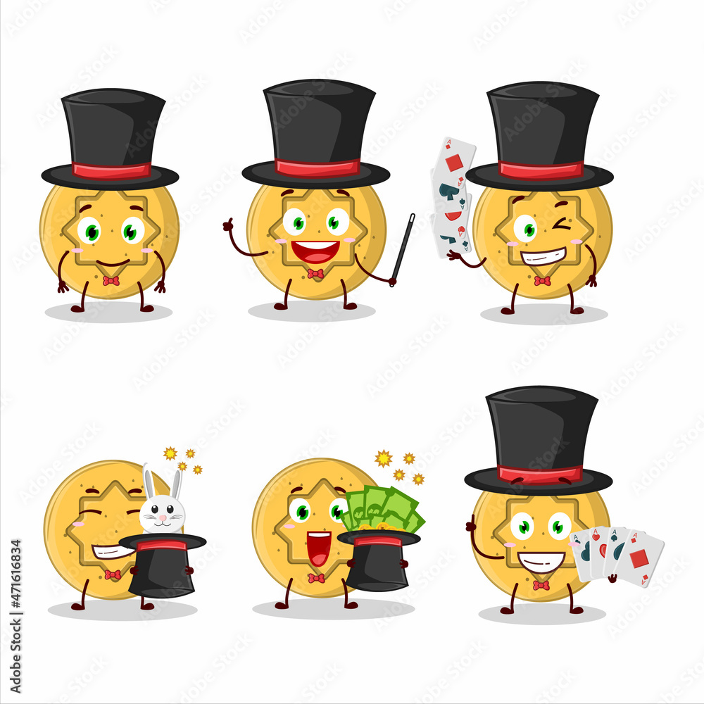 A dalgona candy flower Magician cartoon character perform on a stage A dalgona candy flower Magician cartoon character perform on a stage