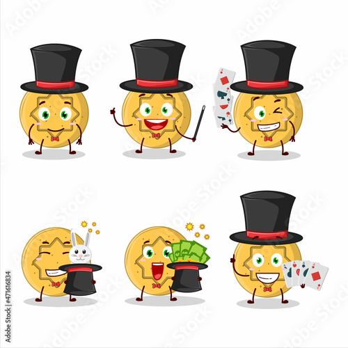 A dalgona candy flower Magician cartoon character perform on a stage