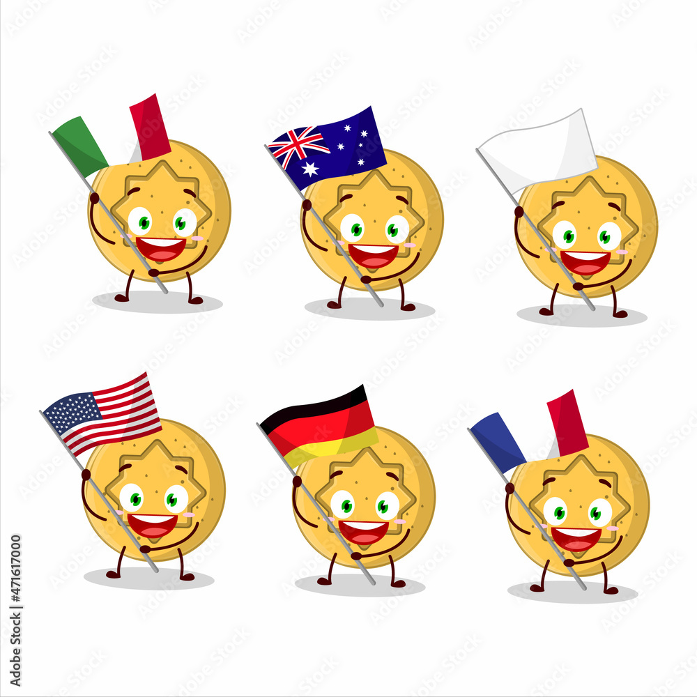 Dalgona candy flower cartoon character bring the flags of various countries Dalgona candy flower cartoon character bring the flags of various countries