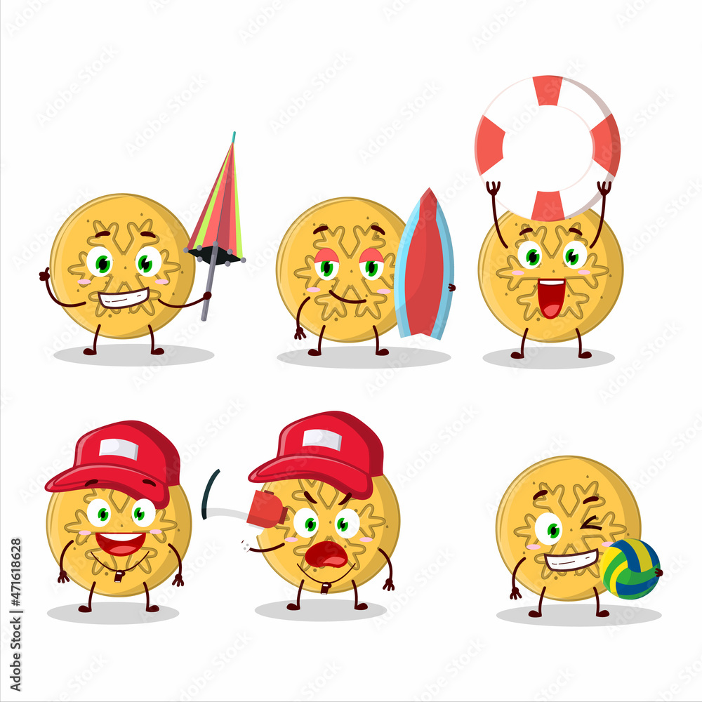 Happy Face dalgona candy snowflake cartoon character playing on a beach Happy Face dalgona candy snowflake cartoon character playing on a beach