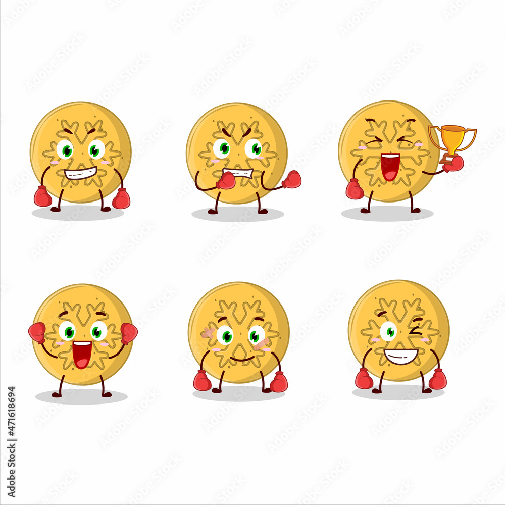 A sporty dalgona candy snowflake boxing athlete cartoon mascot design