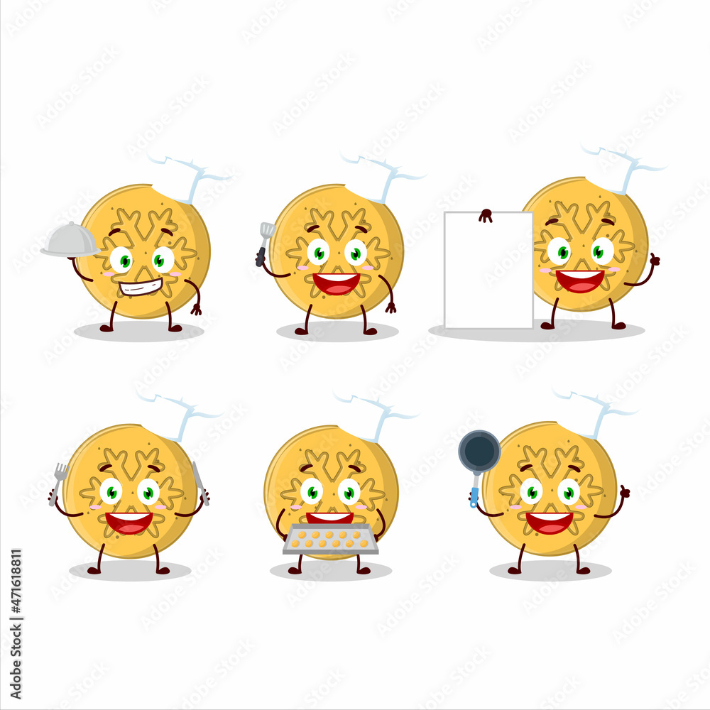 Cartoon character of dalgona candy snowflake with various chef emoticons Cartoon character of dalgona candy snowflake with various chef emoticons