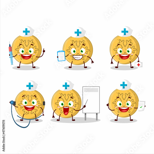 Doctor profession emoticon with dalgona candy snowflake cartoon character