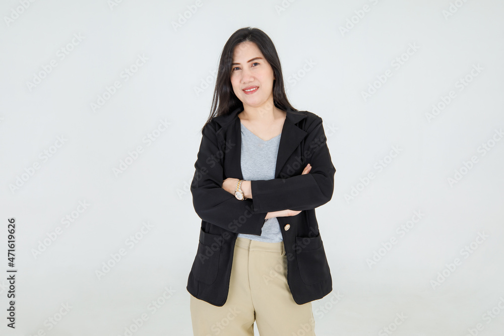 Charming business professional lady standing with confidence on smart jacket and attractively smile with folded arms on successful manager of outfit fashion. Charming business professional lady standing with confidence on smart jacket and attractively smile with folded arms on successful manager of outfit fashion.