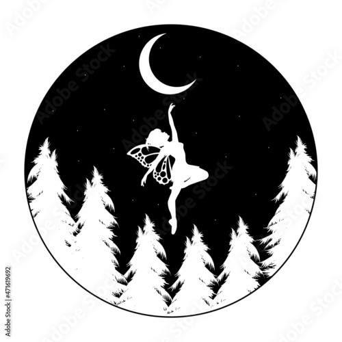 cute fairy and moon silhouette landscape