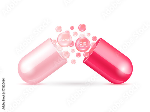 Coenzyme Q10 red and collagen pack pink with capsule solution serum. Natural cosmetics lotion for face or body. Hyaluronic acid skin care ad. Beauty and Medicine Concepts. 3D Realistic Vector EPS10.