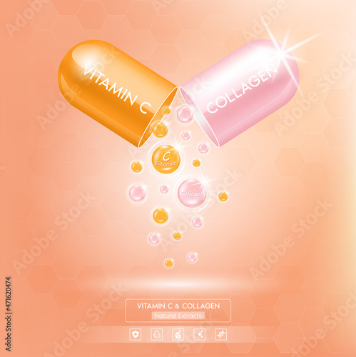 Vitamin C orange and collagen pack pink with capsule solution serum. Natural cosmetics lotion for face or body. Hyaluronic acid skin care ad. Beauty and Medicine Concepts. 3D Realistic Vector EPS10.