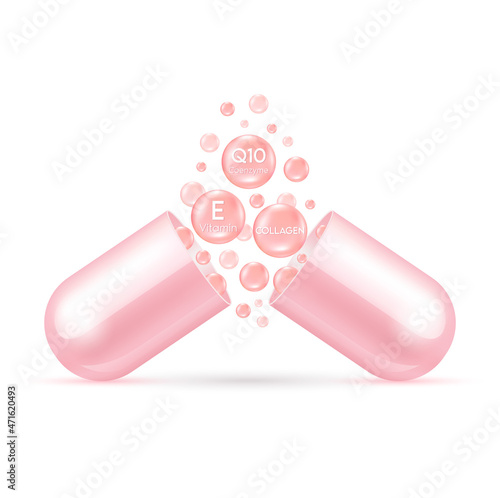 Serum capsule. Collagen, vitamin E and Coenzyme Q10. Acid toner and serum pink. Use for face skin rejuvenation, beauty products medical concepts. ​3D Vector.