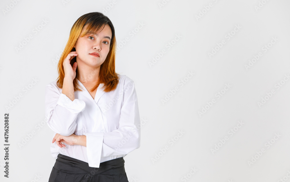 Portrait studio shot of Asian young confident female designer entrepreneur model in casual fashionable wears standing posing look at camera holding hand touch face crossed arm on white background Portrait studio shot of Asian young confident female designer entrepreneur model in casual fashionable wears standing posing look at camera holding hand touch face crossed arm on white background