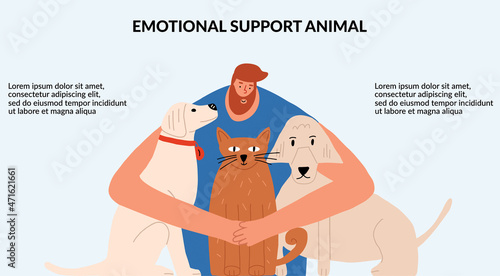 The concept of emotional support by animals. The man hugs the animals. Positive Mental Therapy. Template, banner. Vector illustration