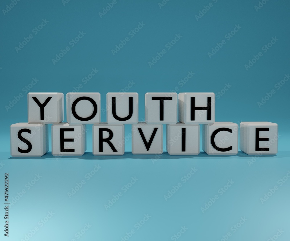 youth service on the white dice in the blue background in 3d youth service on the white dice in the blue background in 3d