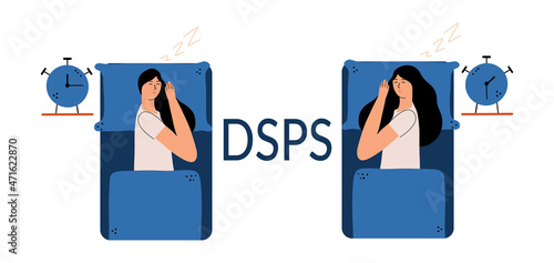 Sleep phase delay syndrome concept. The girl is sleeping in the bed. Disrupted schedule of the day. Vector illustration in a flat style.