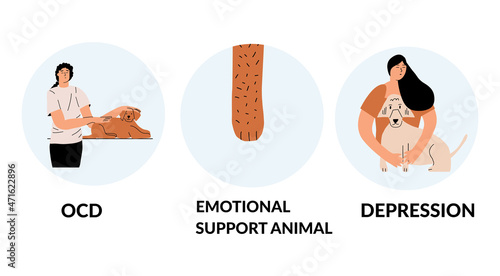 Animal emotional support concept. Positive pet therapy for mental health illness.  Infographics, template. Vector hand drawing illustration.
