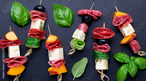 Canvastavla Mini Skewer Appetizers With Salami, Feta Cheese, Olive, Peach And Cucumber On Th