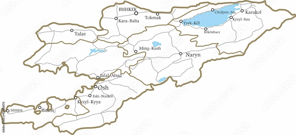 Vector outline map of Kyrgyzstan with borders of regions, lakes and rivers. Administrative division of the state. Issyk-Kul lake
