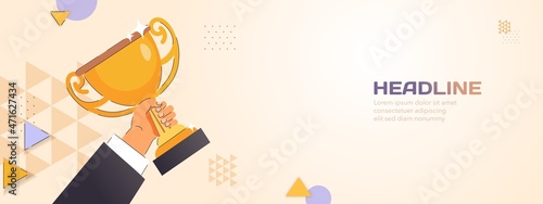 Hand with Trophy cup. Abstract vector trophy. Business or sport  victory. Champions award with 3d background. Winning, competition success, golden prize, first place, best win, celebration victory. 