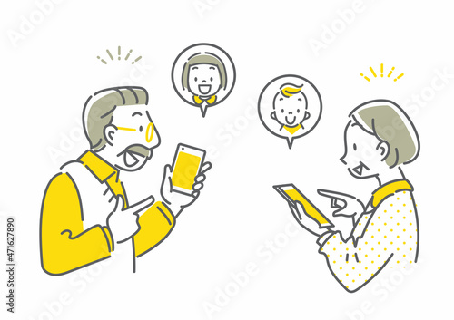 孫とのテレビ電話を楽しむシニア夫婦　シンプルでお洒落な線画イラスト © fumi