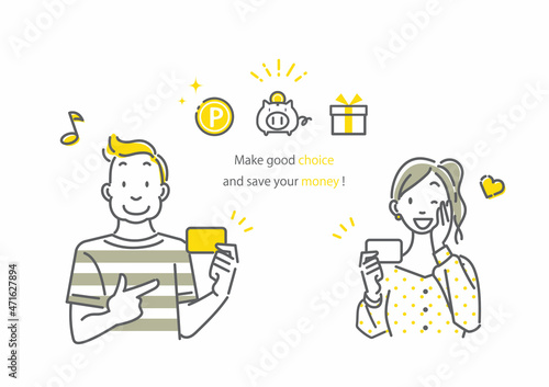 カードをおすすめする笑顔の若い女性と男性　シンプルでお洒落な線画イラスト © fumi