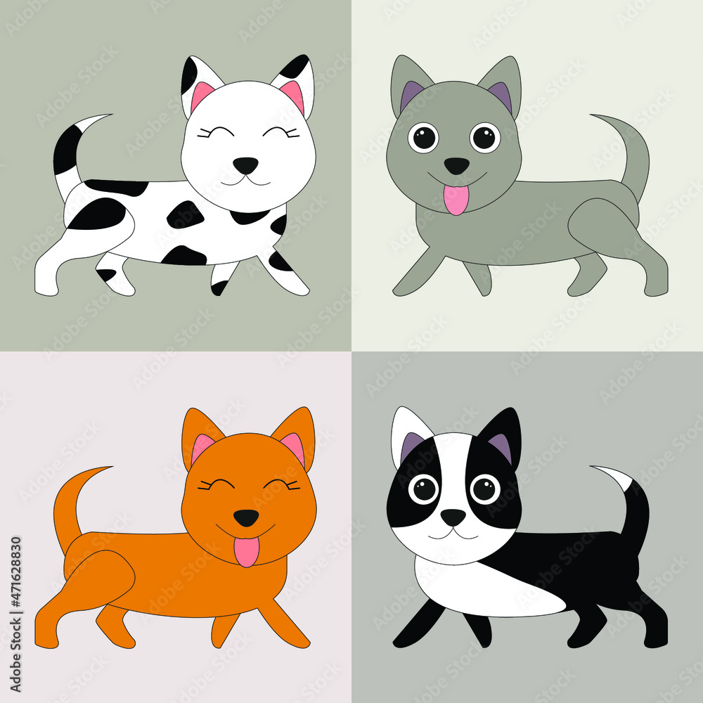 Set of vector brown  cute  dogs on beige isolated background. Animal set.