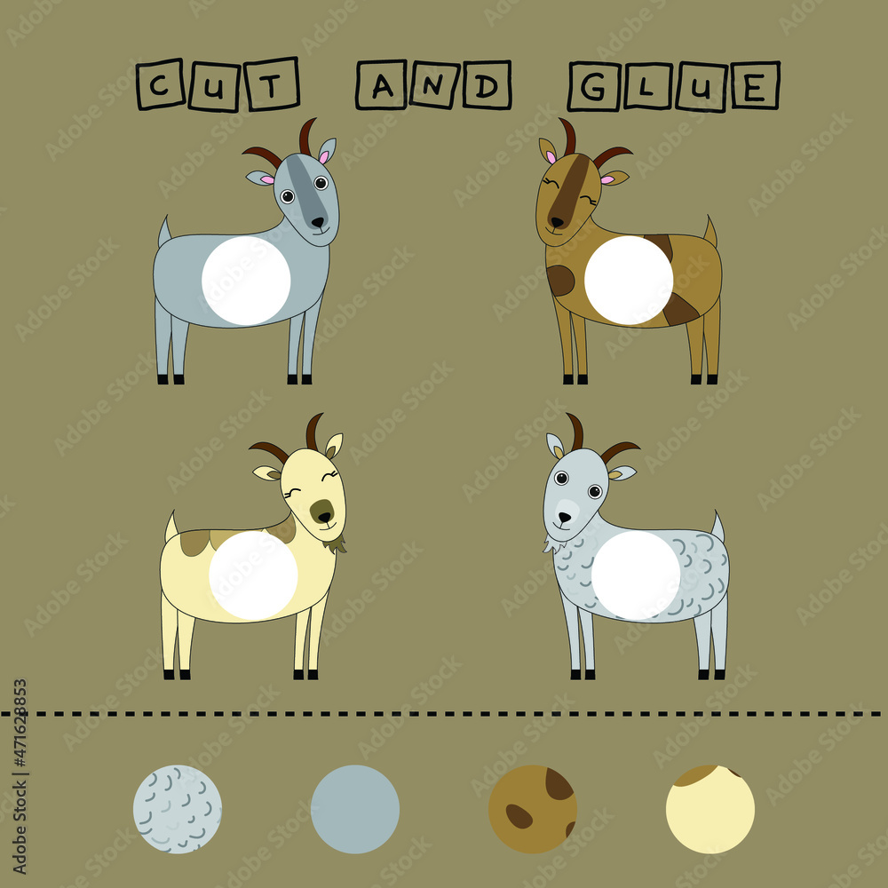 Developing an activity for children, the task is to cut and glue a piece on colorful cute goats. Logic game for children. Developing an activity for children, the task is to cut and glue a piece on colorful cute goats. Logic game for children.