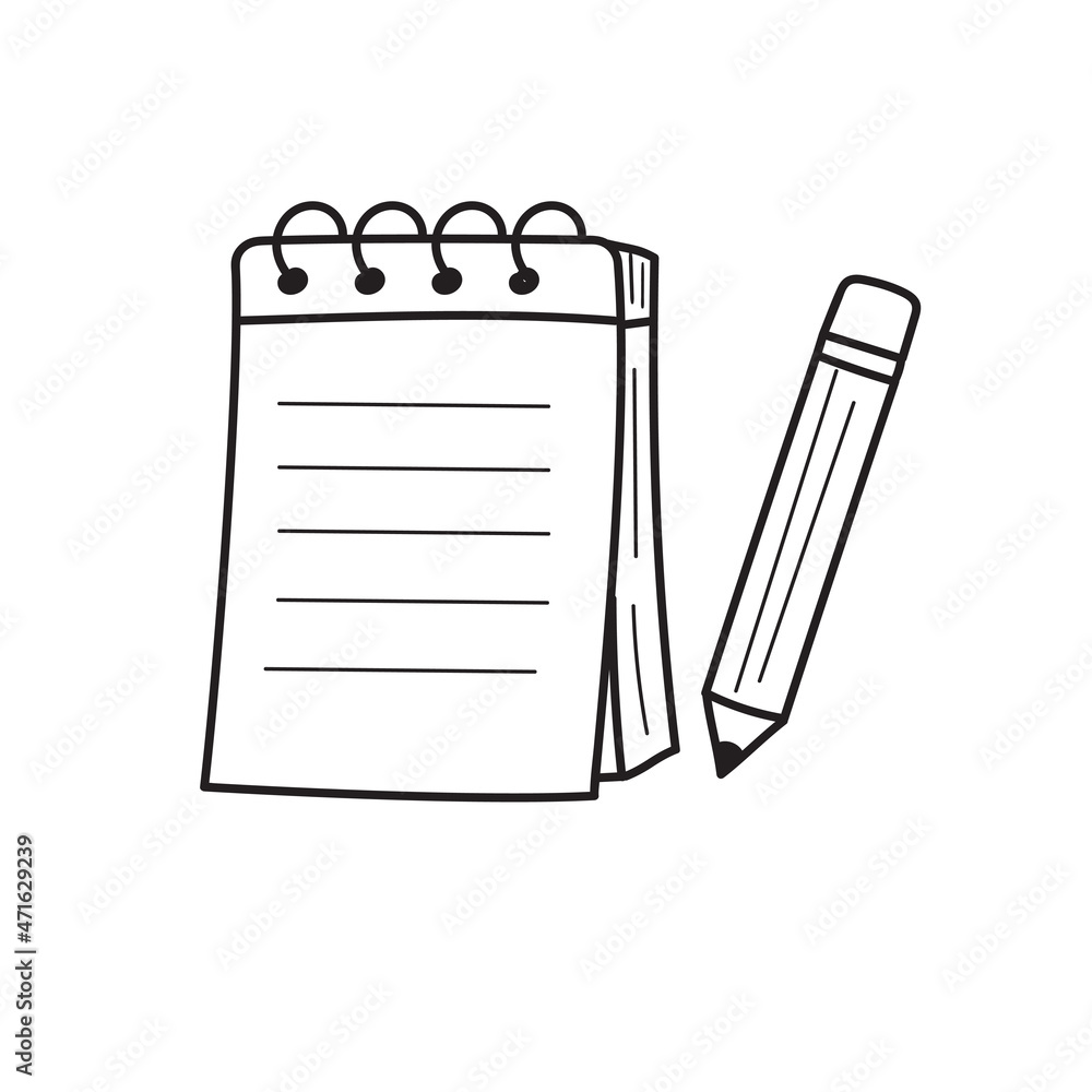 Simple notebook with pencil vector illustration in sketch style isolated on white background Simple notebook with pencil vector illustration in sketch style isolated on white background