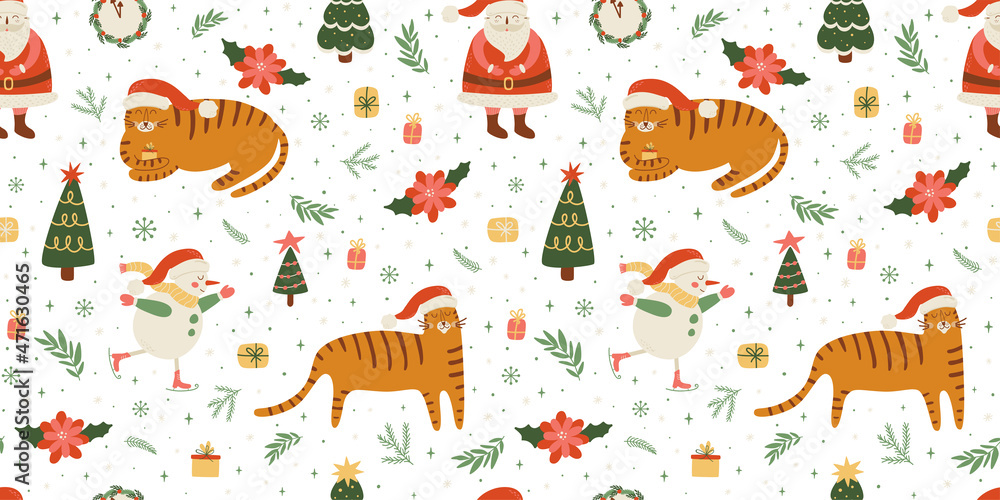 New year tiger 2022 pattern. Happy Chinese new year tiger seamless background with Santa, Christmas tree, clock. Cute Santa tiger in hat. Vector illustration. Merry Christmas wallpaper winter holiday.