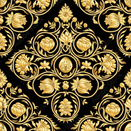 Fantasy flowers in retro, vintage, embroidery style. Seamless pattern, background. In gold and black.