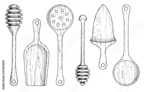 Wooden spoons, spatulas and ladle. Vector set of various kitchen accessories. Hand-drawn sketches engraving style. Collection of wooden tableware. Isolated objects on a white background