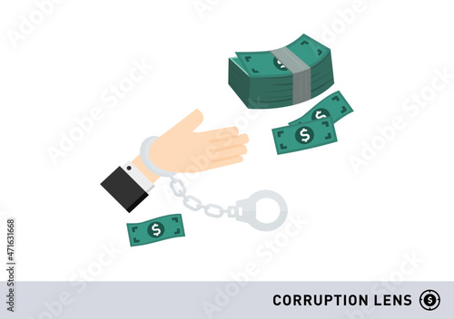 a hand with handcuff receive money in corruption lens vector isolated on white background