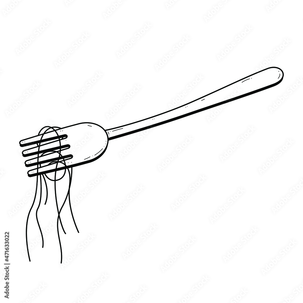 Abstract Hand Drawn Kitchen Stuff Fork With Noodles Fast Food Meal Doodle Concept Vector Design Outline Style On White Background Isolated For Cooking Abstract Hand Drawn Kitchen Stuff Fork With Noodles Fast Food Meal Doodle Concept Vector Design Outline Style On White Background Isolated For Cooking
