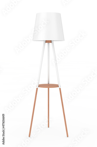 Cozy Decorative Tripod Loft, Living Room, Bedroom, and Office Floor Lamp with White Silk Shade and Wood Legs. 3d Rendering