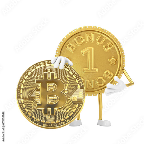 Golden Loyalty Program Bonus Coin Person Character Mascot with Digital and Cryptocurrency Golden Bitcoin Coin. 3d Rendering