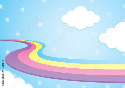 cute colorful kawaii rainbow way with cloud on blue sky illustration vector