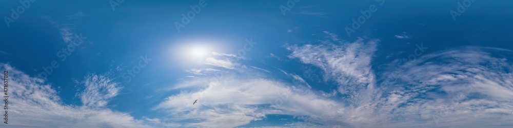 Blue sky with clouds panorama, without ground. Complete zenith for easy use in 3D graphics and panorama for composites in aerial and ground spherical panoramas as a sky dome. Blue sky with clouds panorama, without ground. Complete zenith for easy use in 3D graphics and panorama for composites in aerial and ground spherical panoramas as a sky dome.