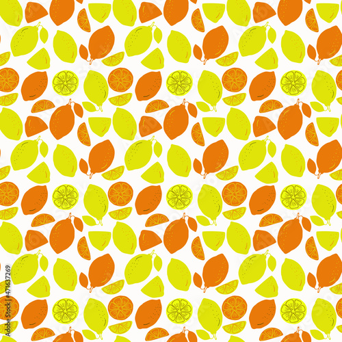 Seamless background. Drawn by hand. Shown are yellow and orange lemons in whole and in section. Can be used for fabric, wallpaper, background, wrapping paper.