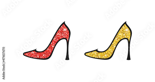 High heels shoes with red and golden glitter texture and black edging on a white. Vector decorative elements for fashion design, packaging, wrapper, sales packages, shoe store, shoe factory and print