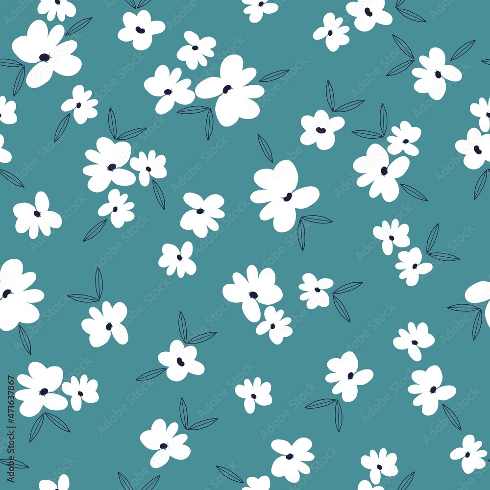 Fototapeta premium Seamless vintage pattern. Wonderful white flowers. turquoise background. vector texture. Fashionable print for textiles and wallpaper.