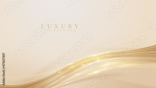 Gold curve line on pastel cream color with glitter light effects elements, 3d style luxury background.