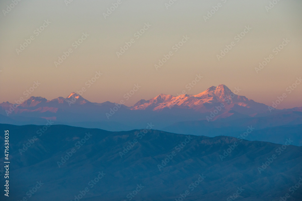 Caucasian mountain range landscape and view during sunset