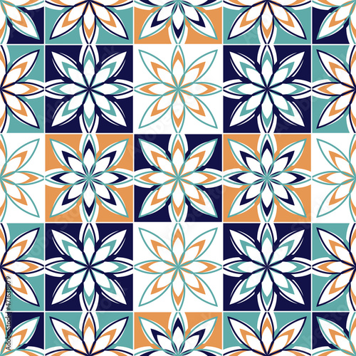 Seamless vector tile pattern. Colorful lisbon, mediterranean floral ornament pattern. Square flower mosaic. Arabic, Turkish, Pakistan, Moroccan, Portuguese motifs vector