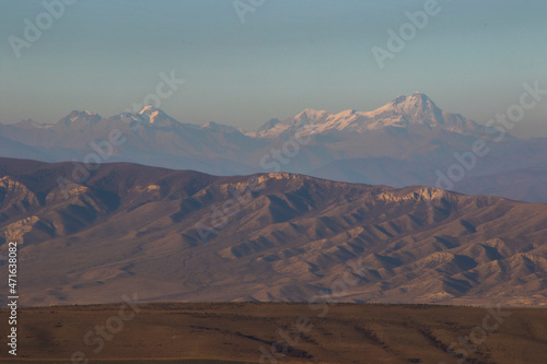 Caucasian mountain range landscape and view during sunset