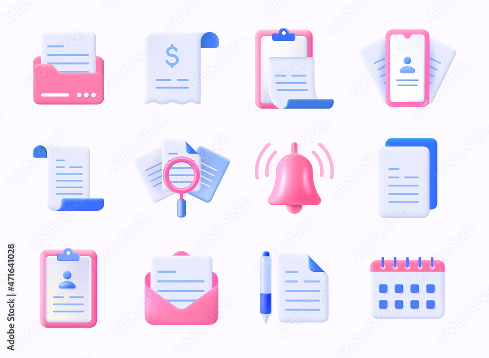 Realistic documents icon. 3D plastic contract form and paper check list. Work documentation files. Envelope or calendar signs. Ringing bell. Clipboard and folder. Vector doc symbols set Realistic documents icon. 3D plastic contract form and paper check list. Work documentation files. Envelope or calendar signs. Ringing bell. Clipboard and folder. Vector doc symbols set