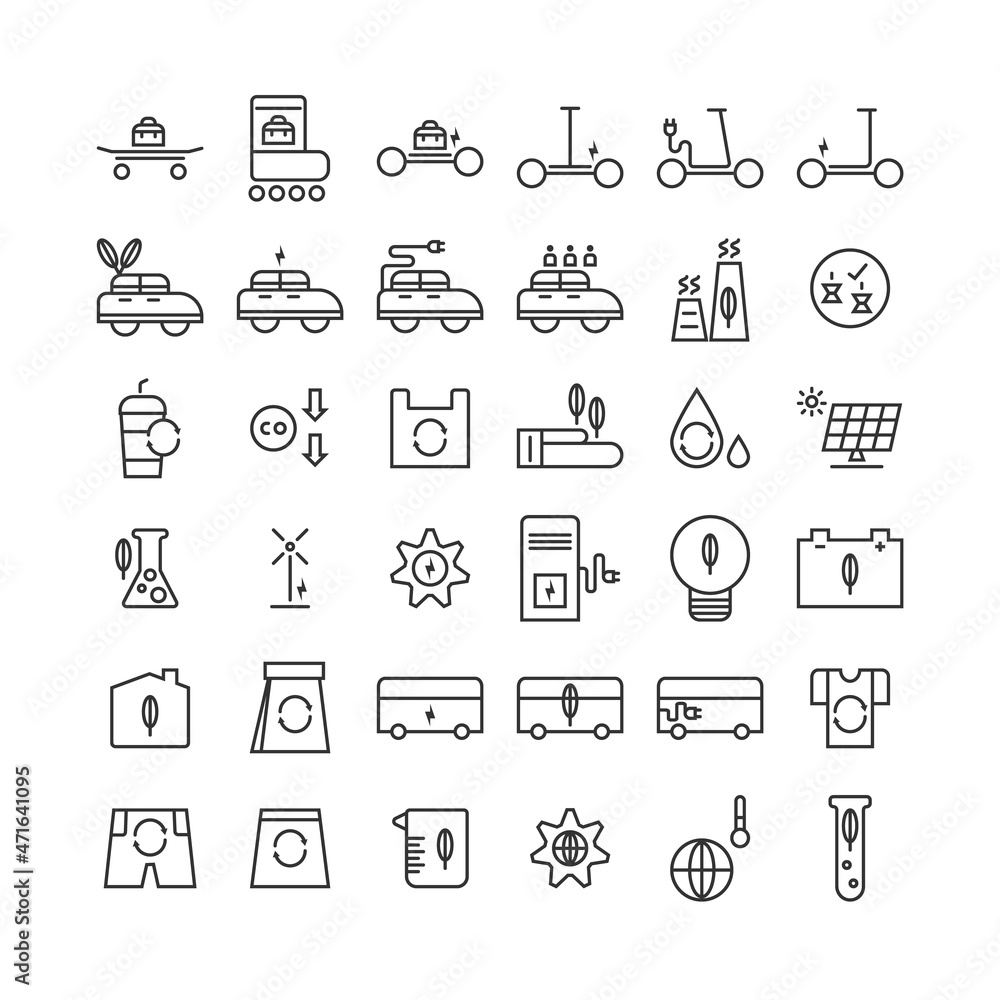 Set of eco-friendly icons. Editable stroke. Pixel perfect 64x64 For web and mobile. Icons such as electric scooters, recycle waste, clean energy, reuse plastic glass.