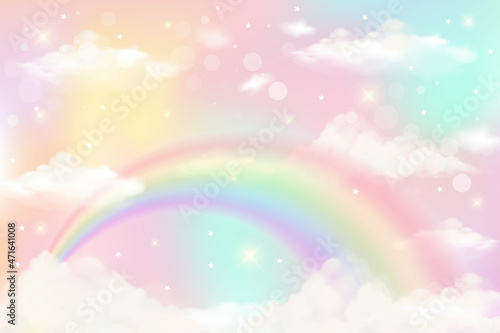 Holographic fantasy rainbow unicorn background with clouds. Pastel color sky. Magical landscape, abstract fabulous pattern. Cute candy wallpaper. Vector. photo