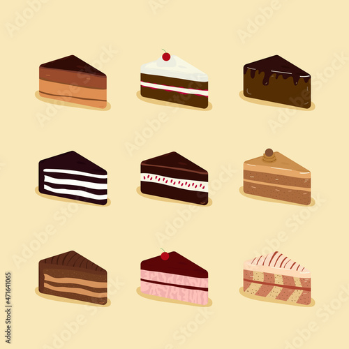 vector illustration Set of cake 3D, flat icon. Colorful sweet cakes.
