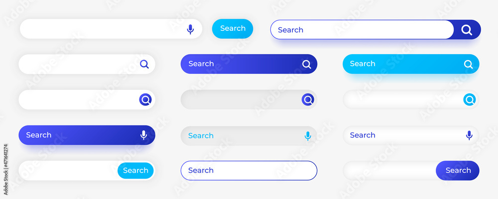 Website search button. Empty input field with cursor and interface elements. Blank digital frames. Magnifier and microphone UI signs. Vector finding information boxes set with icons Website search button. Empty input field with cursor and interface elements. Blank digital frames. Magnifier and microphone UI signs. Vector finding information boxes set with icons