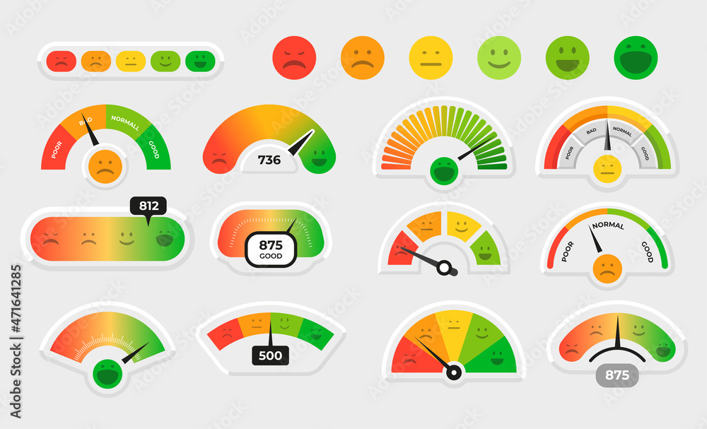 Customer satisfaction meter. Stress level gauge graph. Progress chart with smile faces. Emotion rate measuring interface. Feedback or survey. Feeling indication. Vector dial diagrams set - obrazy, fototapety, plakaty 