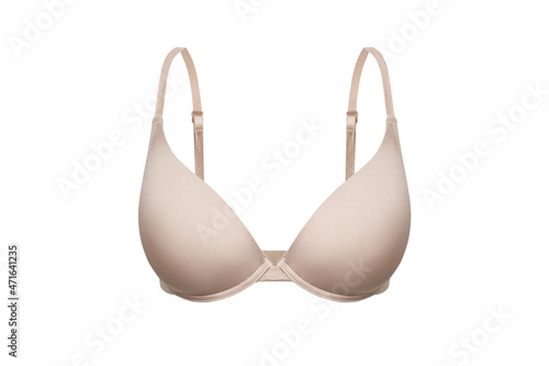 Beige female bra isolated on a white background. Compression bra for breast. Breast support band. Closeup of elegant black push up woman underwear. Basic classic cotton everyday bra